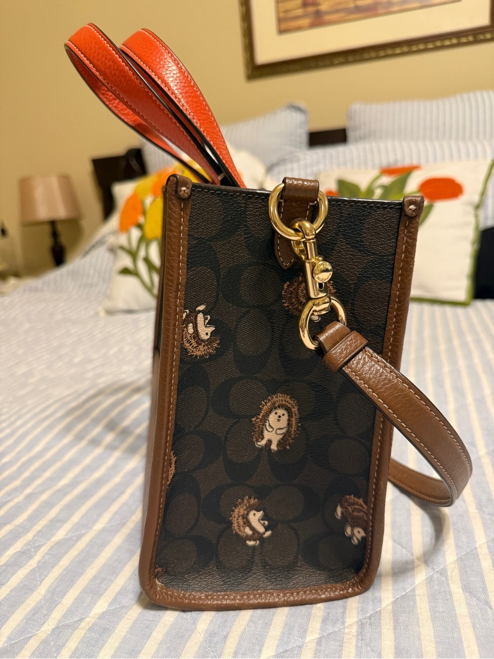 Coach Brown Signature Satchel with Orange Handles and Hedgehog Print - Picture 2 of 10